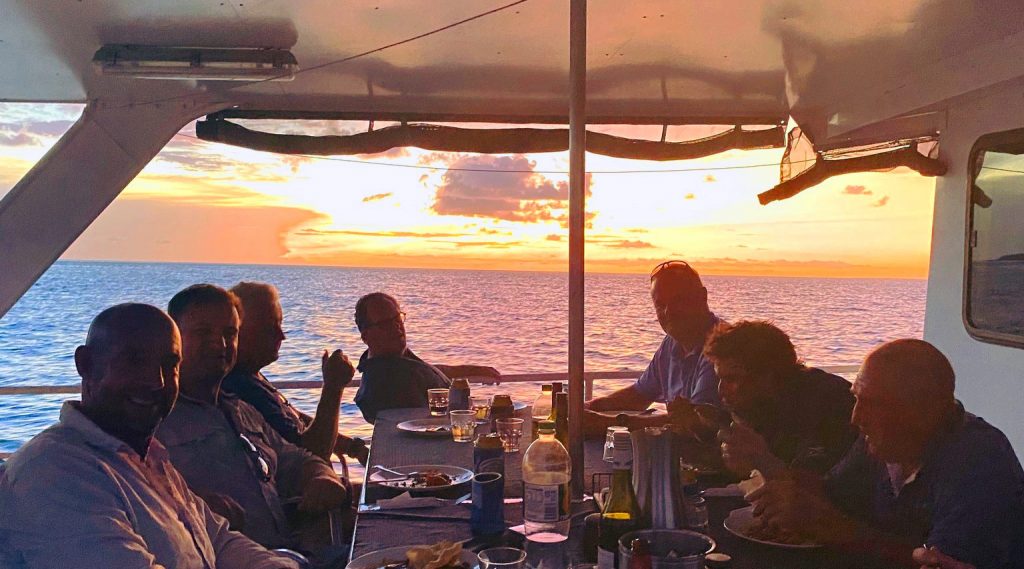 dining aboard the Iron Lady with mates-after a full day of fishing