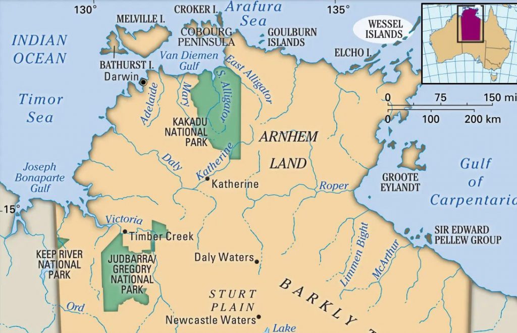 Barra fishing in NT near Wessel islands shown on this map of Northern Territory coastline Australia.